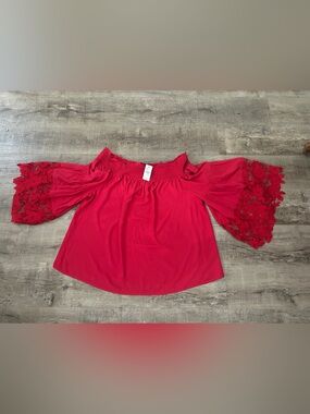 Lane Bryant Red Off-Shoulder Lace Bell Sleeve Top